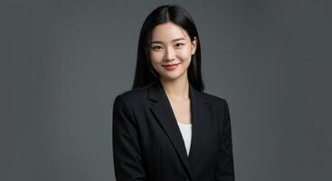 Smiling Asian Businesswoman in Black Suit Portrait photo