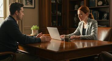 Business Meeting Between Woman and Man in Office photo
