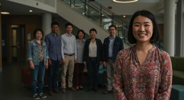 Cheerful young east asian woman with diverse group of colleagues in modern building photo