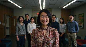 Cheerful young east asian woman stands with diverse group in indoor setting. photo