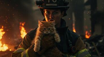 Woman Firefighter Holding Ginger Kitten in Dangerous Fire Scene photo