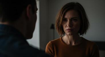 Close up portrait of a woman with a stern expression looking at a man indoors photo