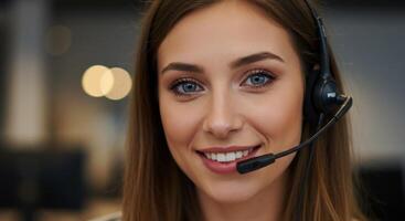 Young woman wearing headset smiling for customer service and online support photo