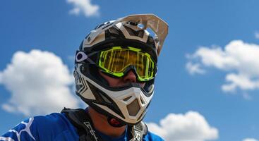 Close up of a motocross rider wearing helmet and goggles against blue sky photo