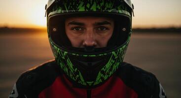 Close up portrait of young man wearing motorcycle helmet at sunset photo