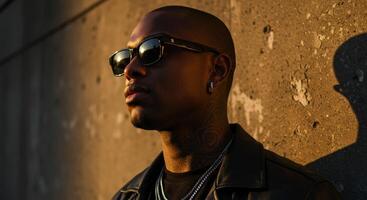 Stylish young Black man with sunglasses and leather jacket portrait photo