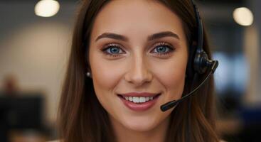Smiling young woman wearing headset for customer service or call center work photo