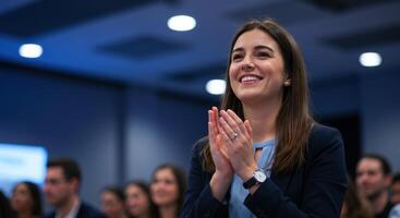 Happy woman clapping and smiling at a business event or meeting photo