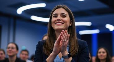 Happy professional woman clapping and smiling at a business conference event photo