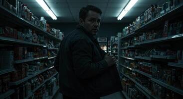Man in a dark convenience store aisle at night looking over his shoulder photo