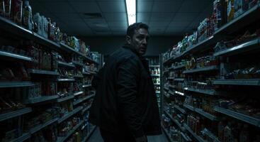 Man in dark jacket looks over shoulder in dimly lit convenience store aisle at night photo