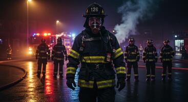 Firefighter in protective gear at night with fire trucks and crew photo