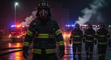 Firefighters stand on a wet street at night with fire trucks and flashing lights photo