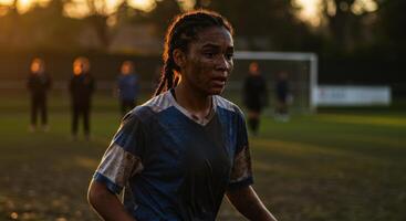 Female soccer player on muddy field showing determination and effort during game photo