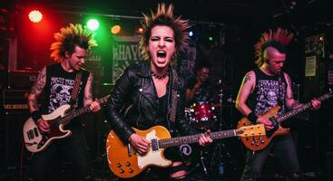 High energy punk rock band performs live on stage with vibrant lighting photo