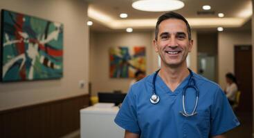 Smiling male doctor in blue scrubs and stethoscope at modern clinic reception photo