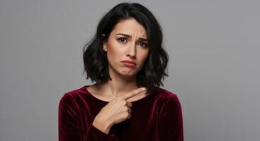 Confused young woman pointing at herself with index finger photo