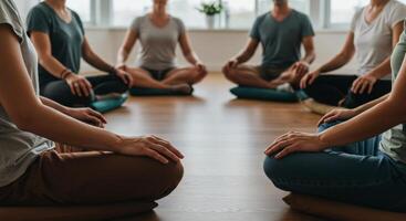 Group of women and men meditating in a circle on the floor photo