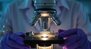 Scientist in purple gloves using a microscope in a laboratory photo