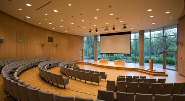 Empty modern auditorium with curved seating stage screen and windows photo