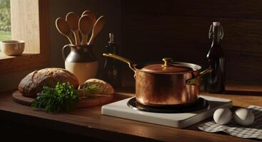 Rustic kitchen still life with copper pot bread herbs and eggs in sunlight photo