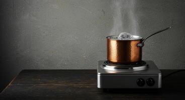 Copper pot with boiling water on electric stovetop photo