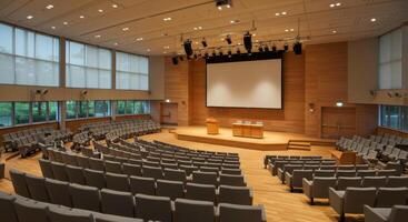 Spacious modern auditorium interior with grey seating stage and projection screen photo