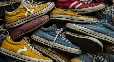 Detailed close up of a messy pile of old colorful sneakers and casual shoes photo