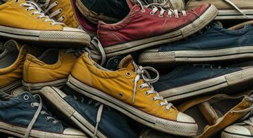 Pile of old worn colorful canvas sneakers close up photo