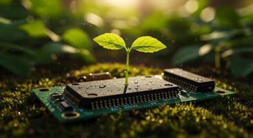 Green seedling grows from circuit board embedded in moss symbolizing nature and technology photo