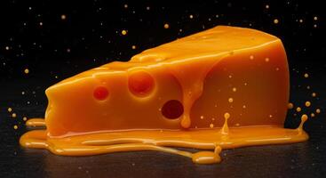 Vibrant orange cheese melting and dripping with splashes on a dark surface photo