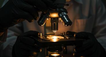 Close up of scientist hands using a vintage microscope in a dark laboratory photo