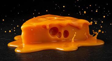 Vibrant orange cheese melting and splashing dynamically on a dark surface photo