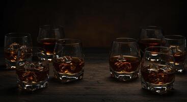 Multiple glasses of amber spirit with ice on a dark wooden table photo