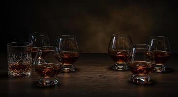 Multiple glasses filled with amber spirit on a dark wooden table with dramatic light photo