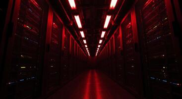 Futuristic data center corridor with glowing red server racks photo