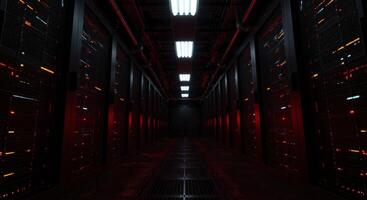 Futuristic data center corridor with glowing server racks and digital lights photo