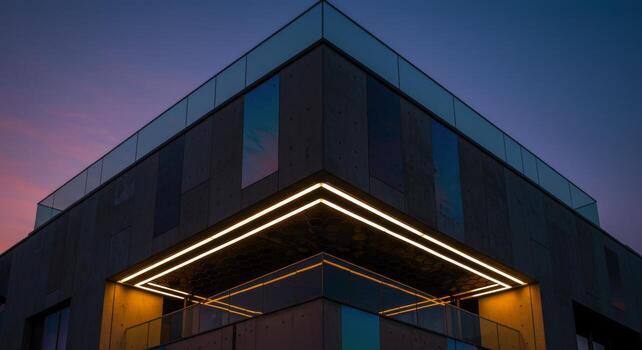Futuristic building corner with illuminated linear lights against twilight sky photo