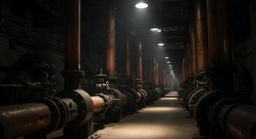 Long line of aged copper pipes and brass valves in a dark industrial space photo