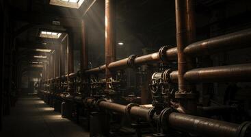 Aged copper pipes and brass valves in a dark industrial interior photo