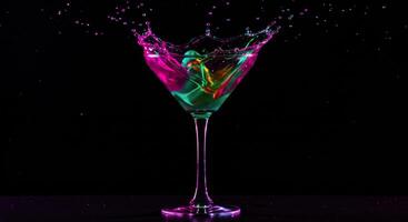 Dramatic studio shot of cocktail glass with dynamic colorful liquid splash photo