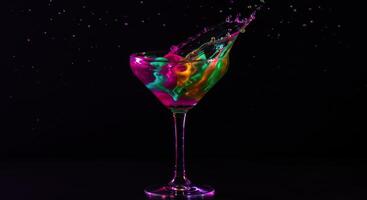 Vibrant colorful liquid splashing from a cocktail coupe glass on black background photo