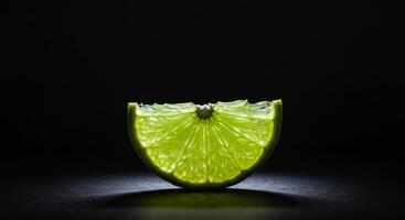 Vibrant green lime wedge backlit on a dark background photo