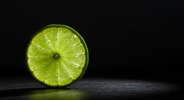 Dramatic backlit vibrant green lime slice on a dark background studio shot photo