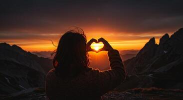 Woman forming heart shape with hands framing sunset over mountain landscape photo