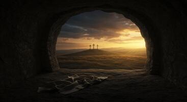 Empty tomb with burial cloth looking out to three crosses on a hill at sunrise photo