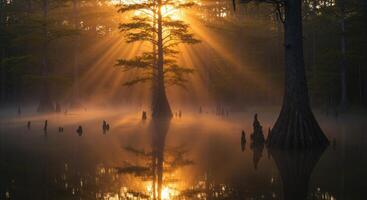 Golden sun rays pierce mist over a tranquil cypress swamp at sunrise photo