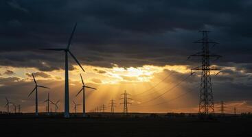 Wind turbines and power lines against dramatic stormy sunset sky with sun rays photo