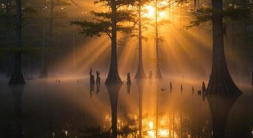 Sunrise light through mist and cypress trees in a tranquil swamp landscape photo