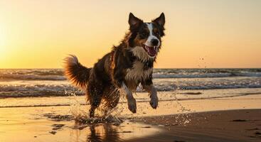 Energetic Border Collie dog jumping through water on beach at sunset photo